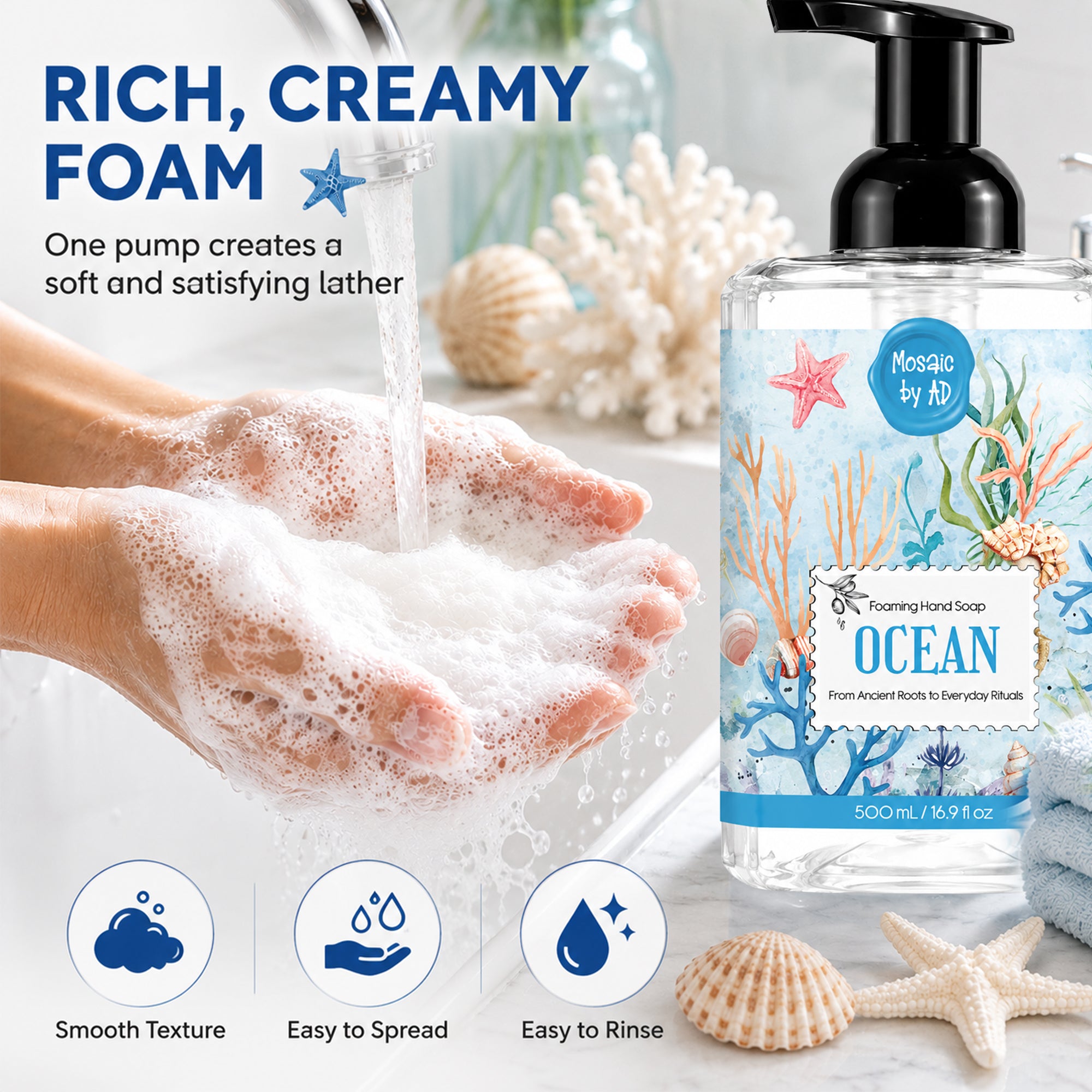 AnatoliaDaphne Mosaic by AD Foaming Hand Soap Variety Pack, 4 x 16.9 Fl Oz – Plant-Based Liquid Hand Wash with Essential Oils – SLS & Paraben Free – Sweet Almond, Lavender, Lemongrass & Ocean
