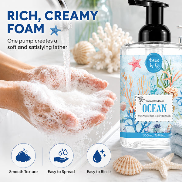 AnatoliaDaphne Mosaic by AD Foaming Hand Soap Variety Pack, 4 x 16.9 Fl Oz – Plant-Based Liquid Hand Wash with Essential Oils – SLS & Paraben Free – Sweet Almond, Lavender, Lemongrass & Ocean