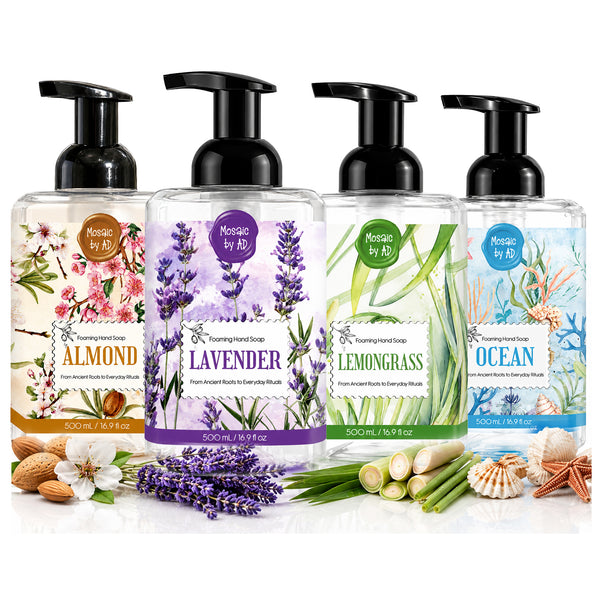 AnatoliaDaphne Mosaic by AD Foaming Hand Soap Variety Pack, 4 x 16.9 Fl Oz – Plant-Based Liquid Hand Wash with Essential Oils – SLS & Paraben Free – Sweet Almond, Lavender, Lemongrass & Ocean