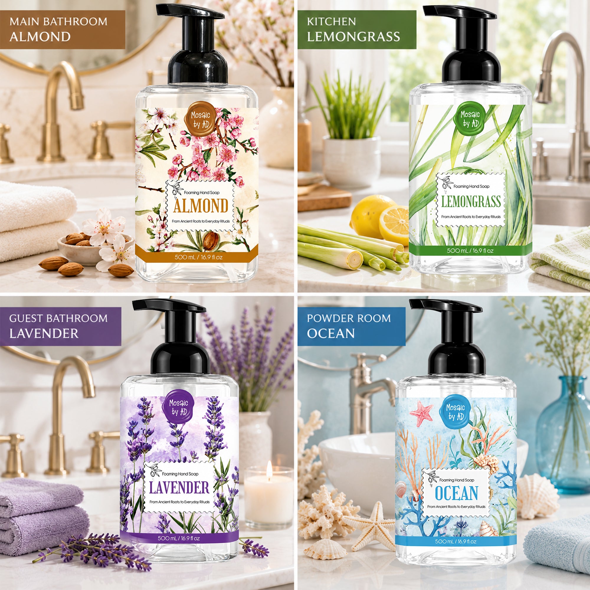 AnatoliaDaphne Mosaic by AD Foaming Hand Soap Variety Pack, 4 x 16.9 Fl Oz – Plant-Based Liquid Hand Wash with Essential Oils – SLS & Paraben Free – Sweet Almond, Lavender, Lemongrass & Ocean