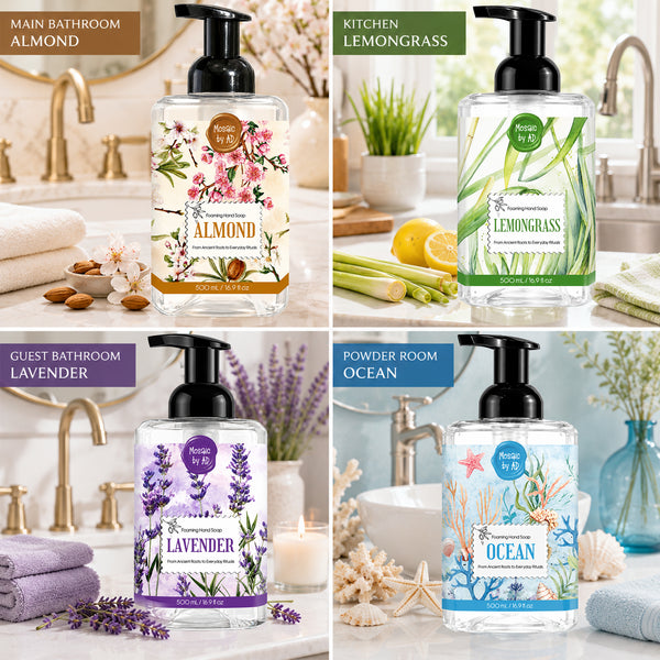 AnatoliaDaphne Mosaic by AD Foaming Hand Soap Variety Pack, 4 x 16.9 Fl Oz – Plant-Based Liquid Hand Wash with Essential Oils – SLS & Paraben Free – Sweet Almond, Lavender, Lemongrass & Ocean