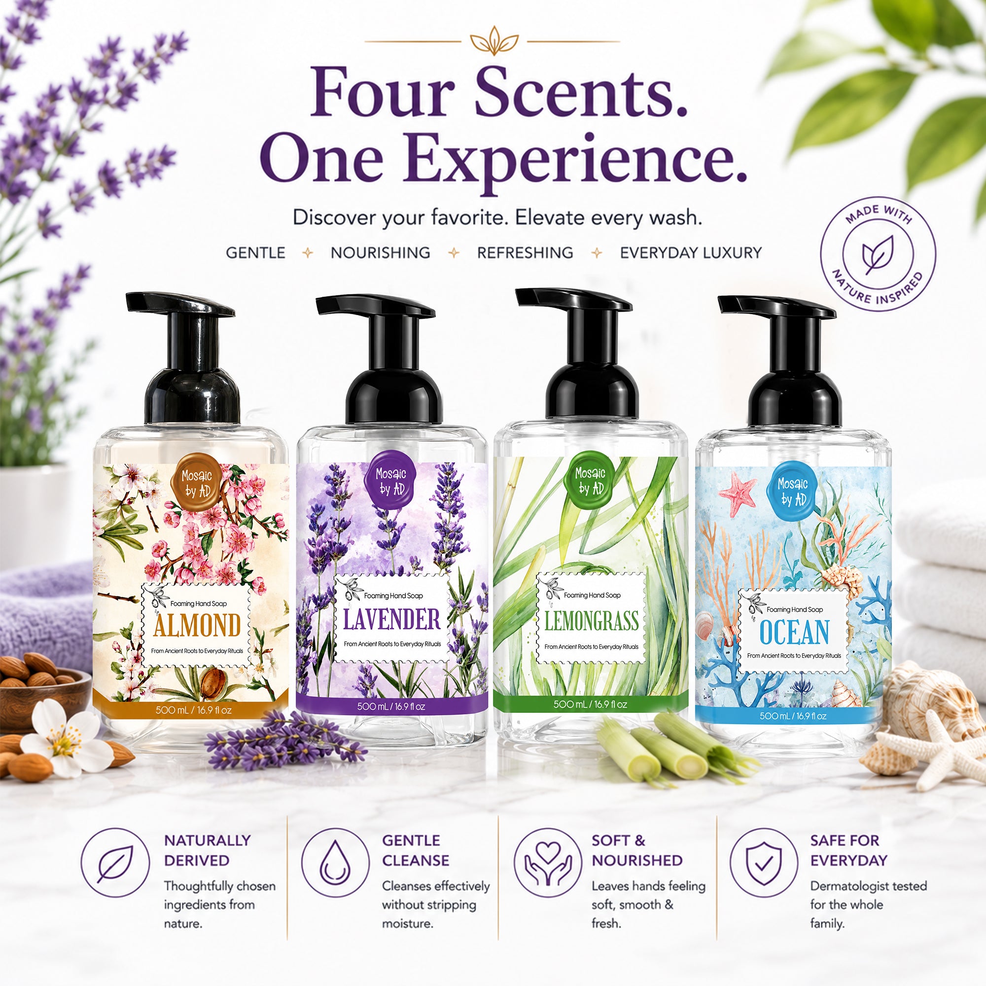 AnatoliaDaphne Mosaic by AD Foaming Hand Soap Variety Pack, 4 x 16.9 Fl Oz – Plant-Based Liquid Hand Wash with Essential Oils – SLS & Paraben Free – Sweet Almond, Lavender, Lemongrass & Ocean