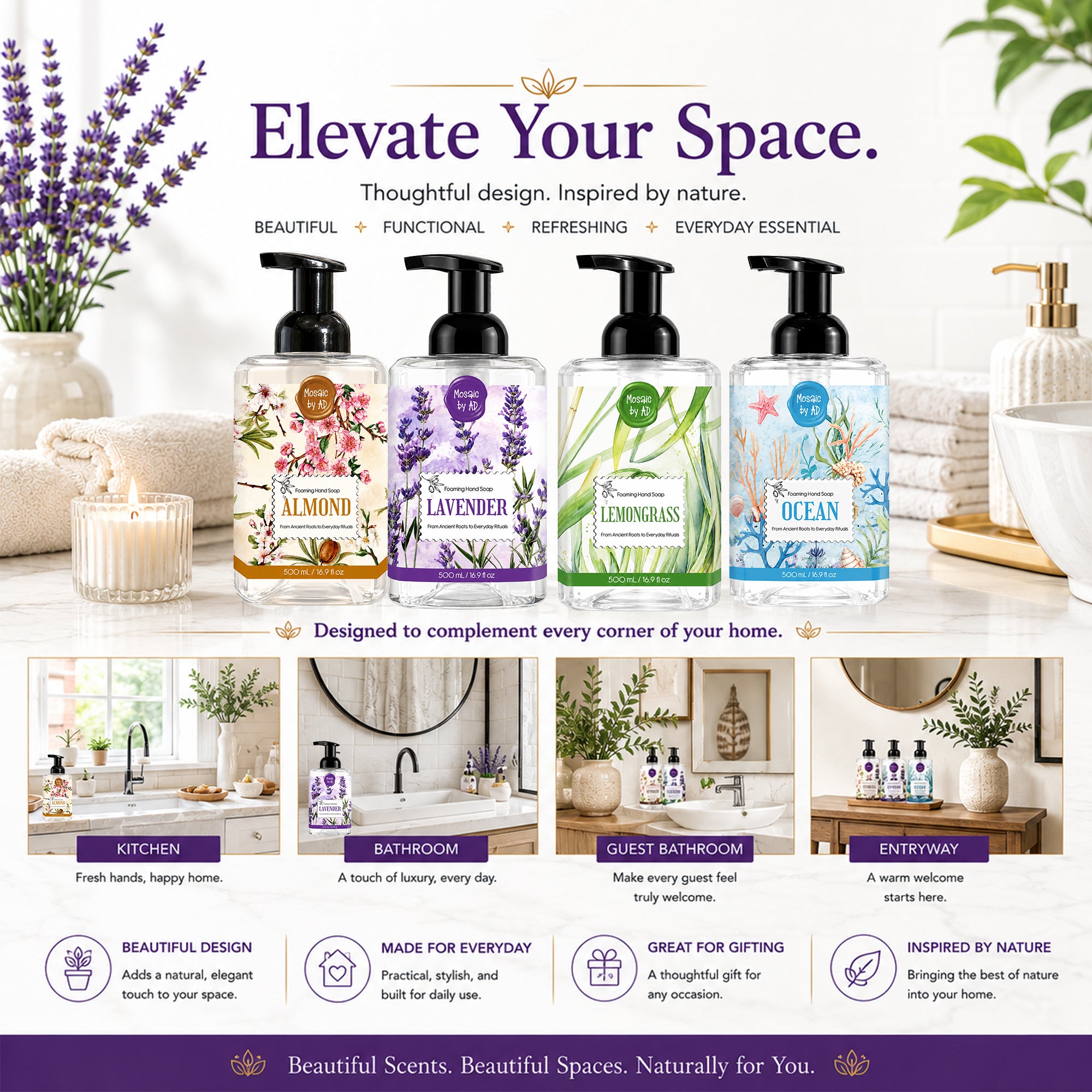 AnatoliaDaphne Mosaic by AD Foaming Hand Soap Variety Pack, 4 x 16.9 Fl Oz – Plant-Based Liquid Hand Wash with Essential Oils – SLS & Paraben Free – Sweet Almond, Lavender, Lemongrass & Ocean