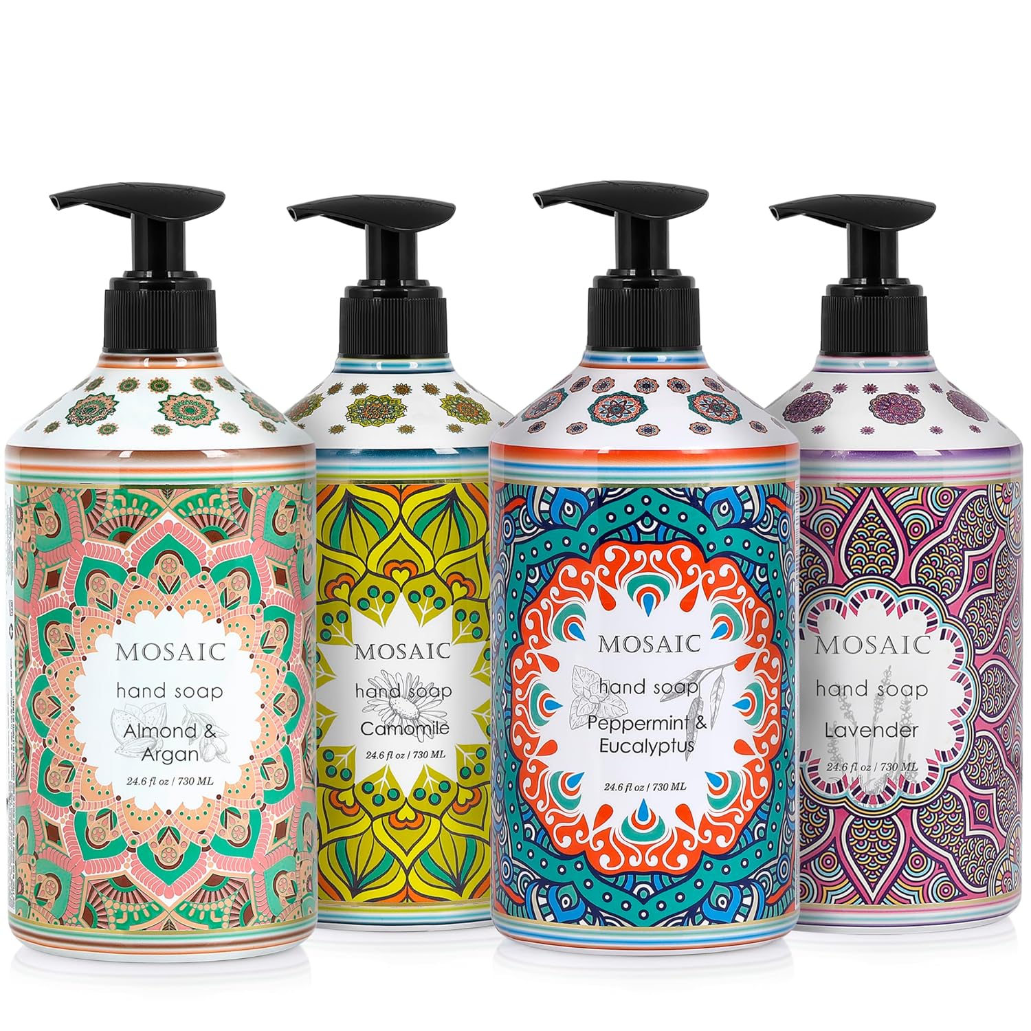Liquid Hand Soap Set,Lavender + Almond & Argan + Peppermint & Eucalyptus + Camomile, 4 x 24.6 fl oz Each