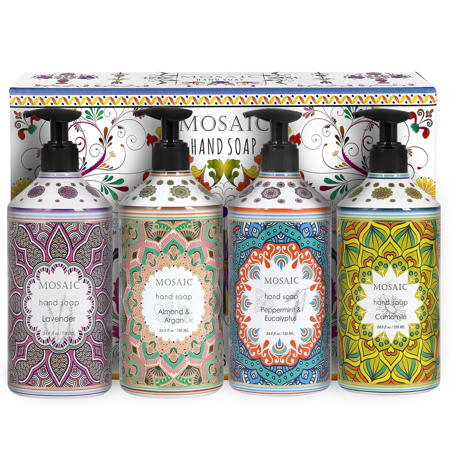 Liquid Hand Soap Set,Lavender + Almond & Argan + Peppermint & Eucalyptus + Camomile, 4 x 24.6 fl oz Each